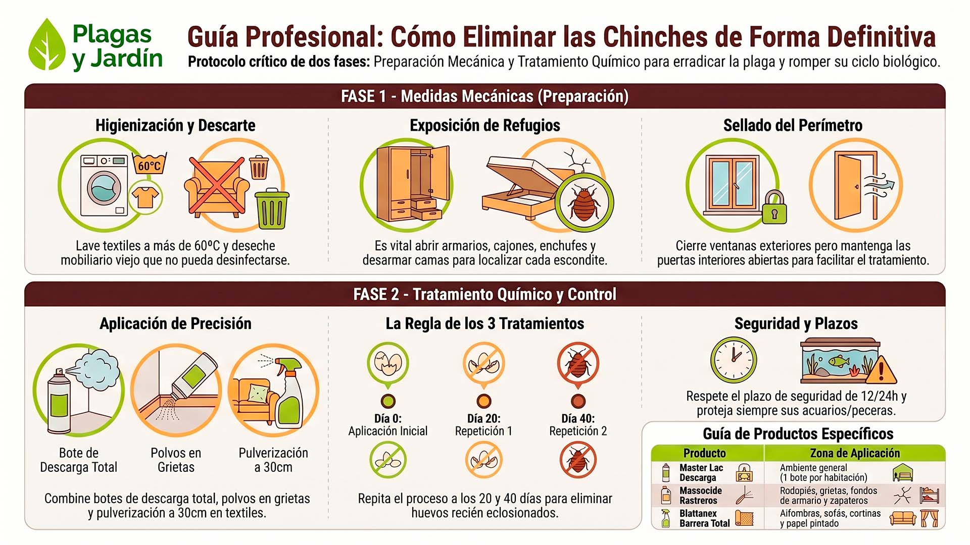 Infografía sobre los métodos de aplicación para el tratamientos de chinches con el pack de productos de Plagas y Jardín